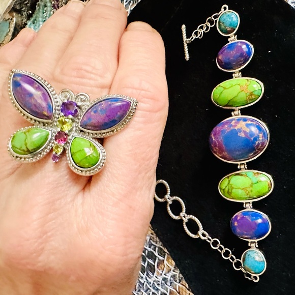 Mojave Turquoise Purple/Green/Blue Bracelet & Matching Butterfly Ring (Sz 7) NWT - Picture 16 of 16